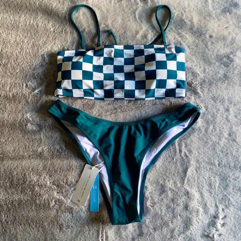 Cupshe M Teal and White Gingham Bikini